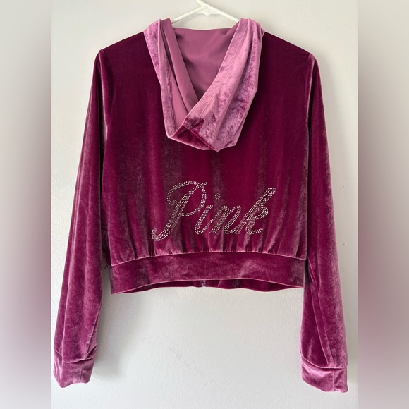 PINK Victorias Secret Medium Mauve Jacket Zip Up Hoodie Crop Velour Velvet Bling - Picture 3 of 8